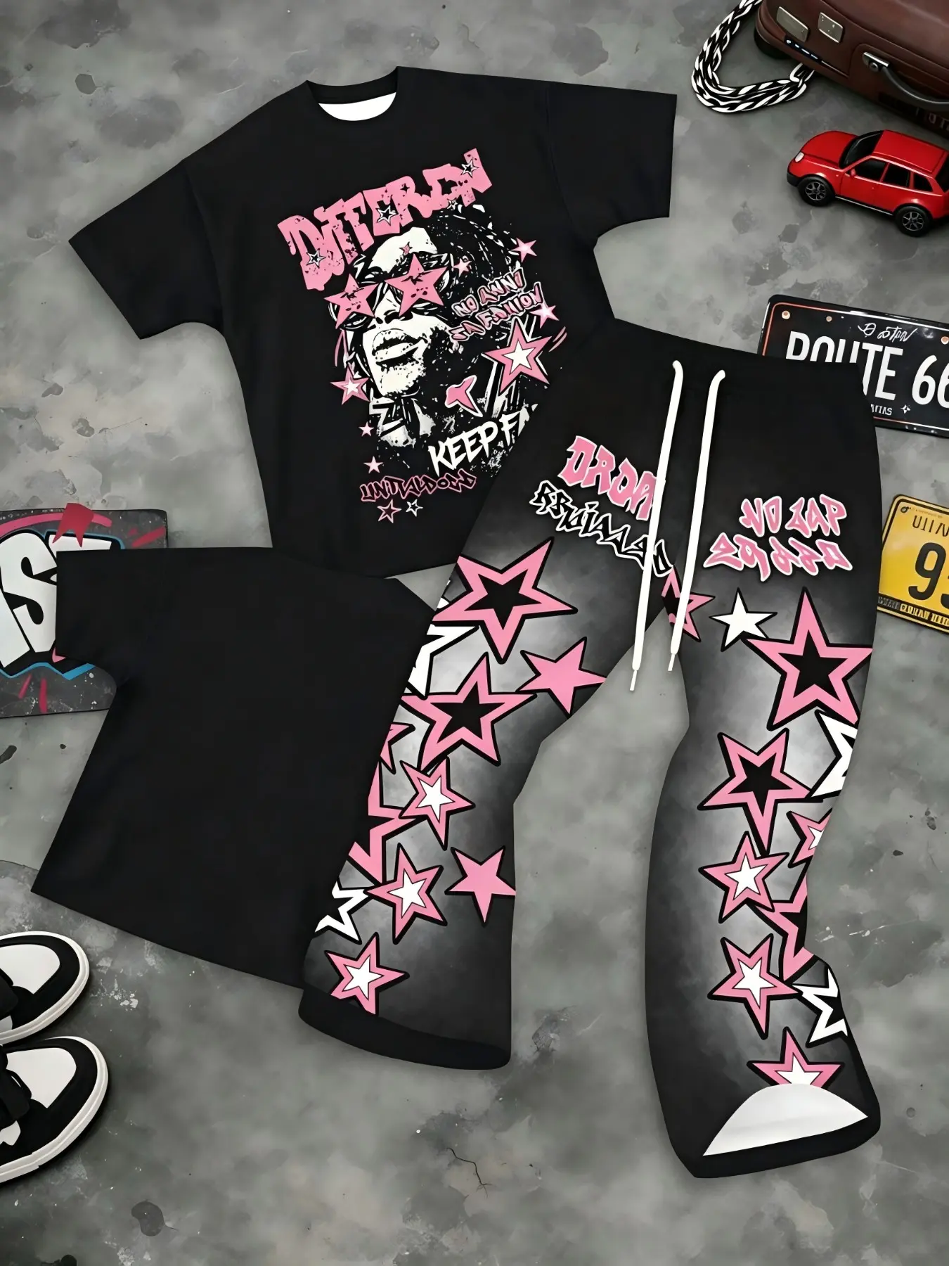 Distorted Figure Letter Matching Set, Breathable Loose Short Sleeve Tee Print Multi Star Flare Bell Pants, Comfort Slim Skate Casual Outfit, Trending Dark Urban Hip Hop Apparel Clothes