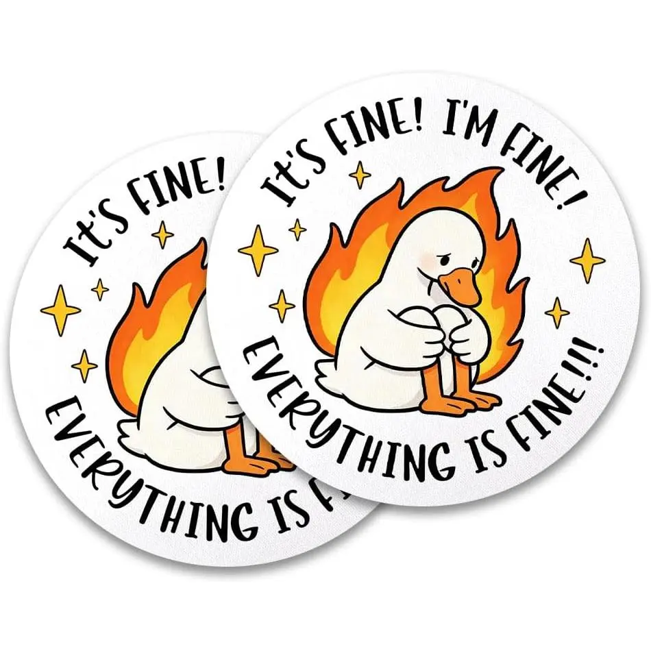 Funny Flaming Duck Coasters Set of 2 – “It’s Fine! Everything is Fine!” Humorous Coffee,  &  Table Decor, Cute Sarcastic Desk Coasters, Non-Slip Absorbent Gifts for  & Office