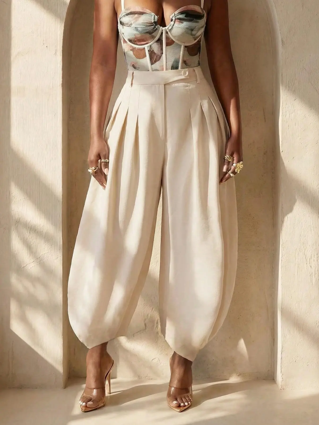 Summer Elegant Loose Pleated Pants, Versatile Tropical Vacation Holiday Beach Brunch Casual Style, Fashionable Apricot Street Party Wear