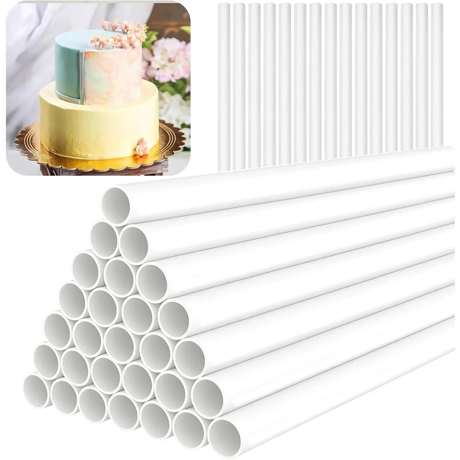 15PCS White Plastic Cake Dowel Rods, 0.4 Inch Diameter 9.5 Inch Length Cake Stacking Supporting Rods for Tiered Cake Construction and Stacking