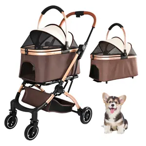 Pet Stroller for Dogs and Cats, 2-in-1 Detachable Foldable 4 Wheels Pet Stroller, Quick One-Hand Fold, Storage Basket, Detachable Carry Basket with Sun Canopy(Khaki++Gold)    RR