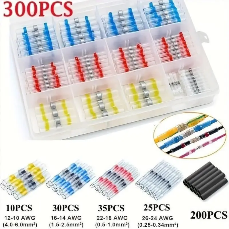 300pcs Solder Seal Wire Terminal Durable Reliable Connectors, Waterproof Heat Shrink Butt Connectors, Self Solder for Marine, Aircraft, Boat, Truck, Stereo, Joint