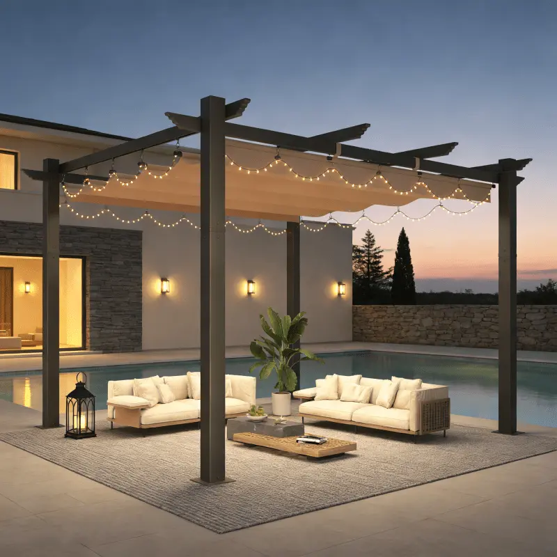 10' x 12' Khaki Outdoor Retractable Pergola, Anti-Rust Metal Frame Patio Shelter with Fully Adjustable Smooth Canopy Roof, Weather Resistant Sun Shade for Backyard, Garden and Poolside