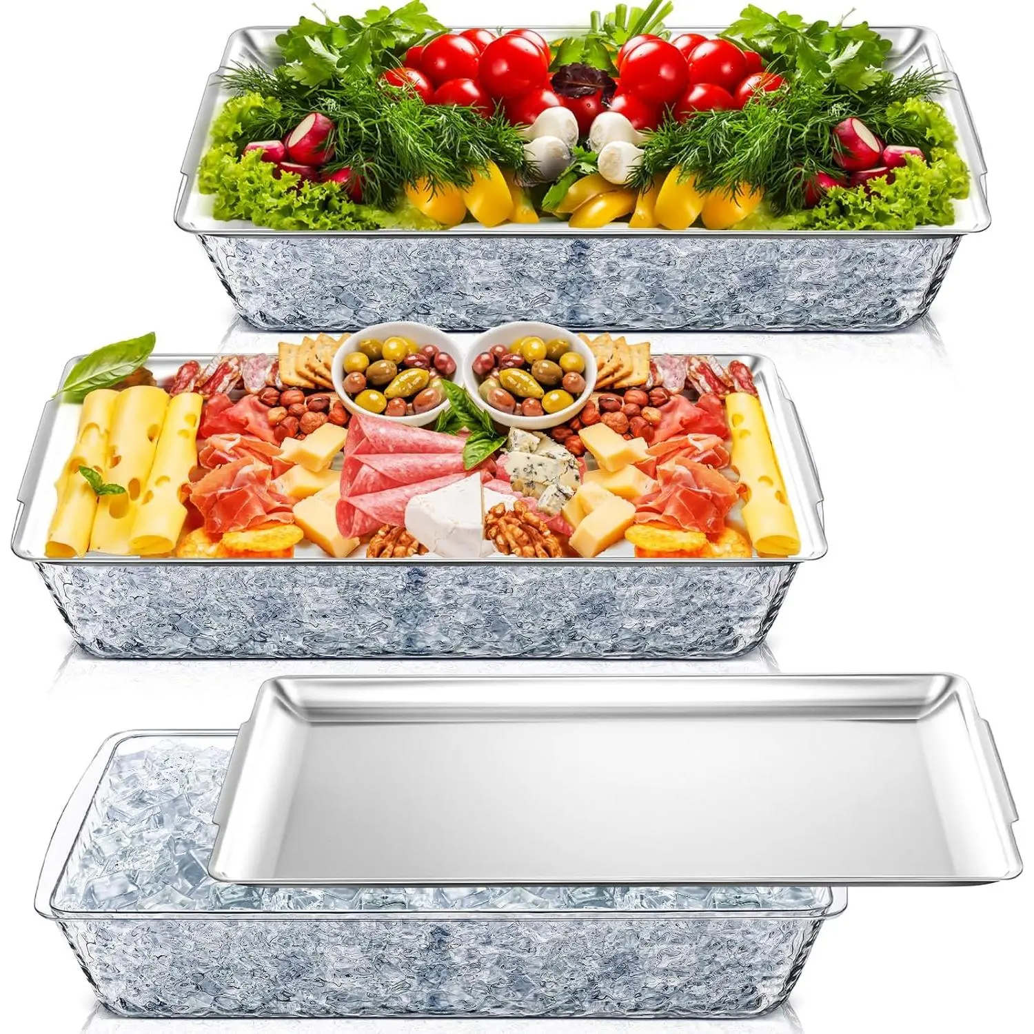 3 Set 16" x 9'' Chilled Serving Tray for Parties with Compartments Rectangle Serving Dish Ice Charcuterie Party Platter for Shrimp Fruit Seafood Vegetable Appetizer (Silver)