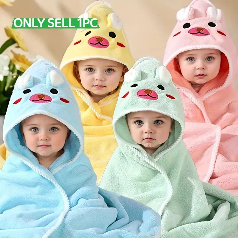 TDHD Baby Animal Ears Bathrobe, Solid Color Cartoon Pattern, High Absorbency, Hooded Design, Tdhd Infant Swimwear, Comfortable & Stylish
