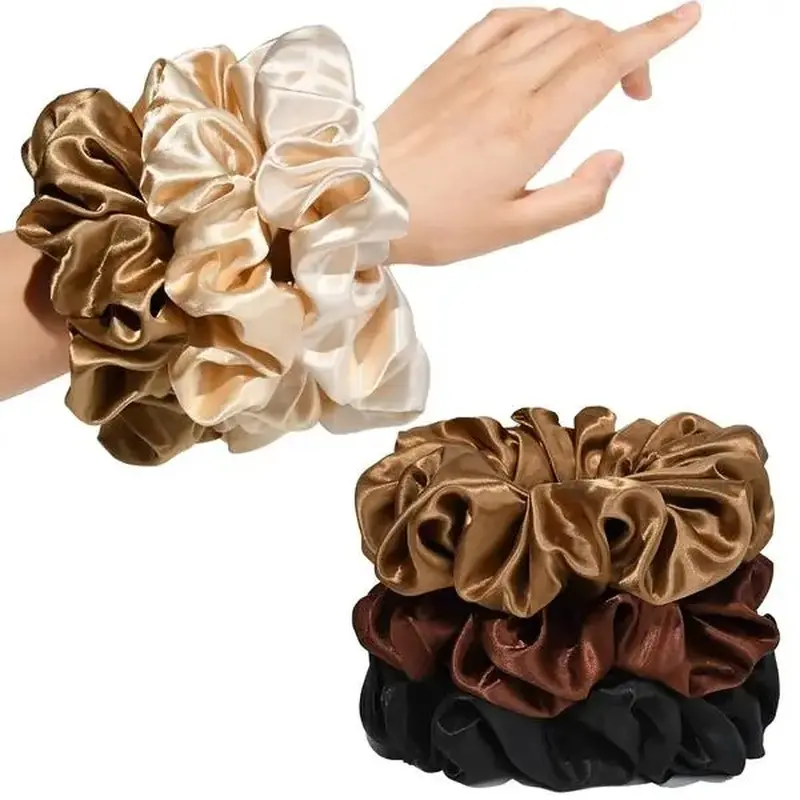 Big Real Silk Scrunchies for Hair Satin for Sleep Large Scrunchie for Curly Hair Silk Thick Elastic Hair Ties Hair Scrunchies 6 Pack (black, champagne, pink,khaki, blue, shell pink)