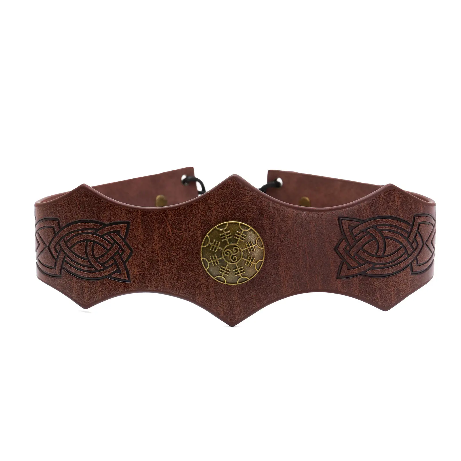 Effortless Vintage Brown Leather Viking Belt Celtic Knot Embossed Wide Waist Cinch Belt Antique Brass Runic Medallion Renaissance Faire Medieval Knight Warrior Cosplay Accessories Halloween Costume, Lace, Textured