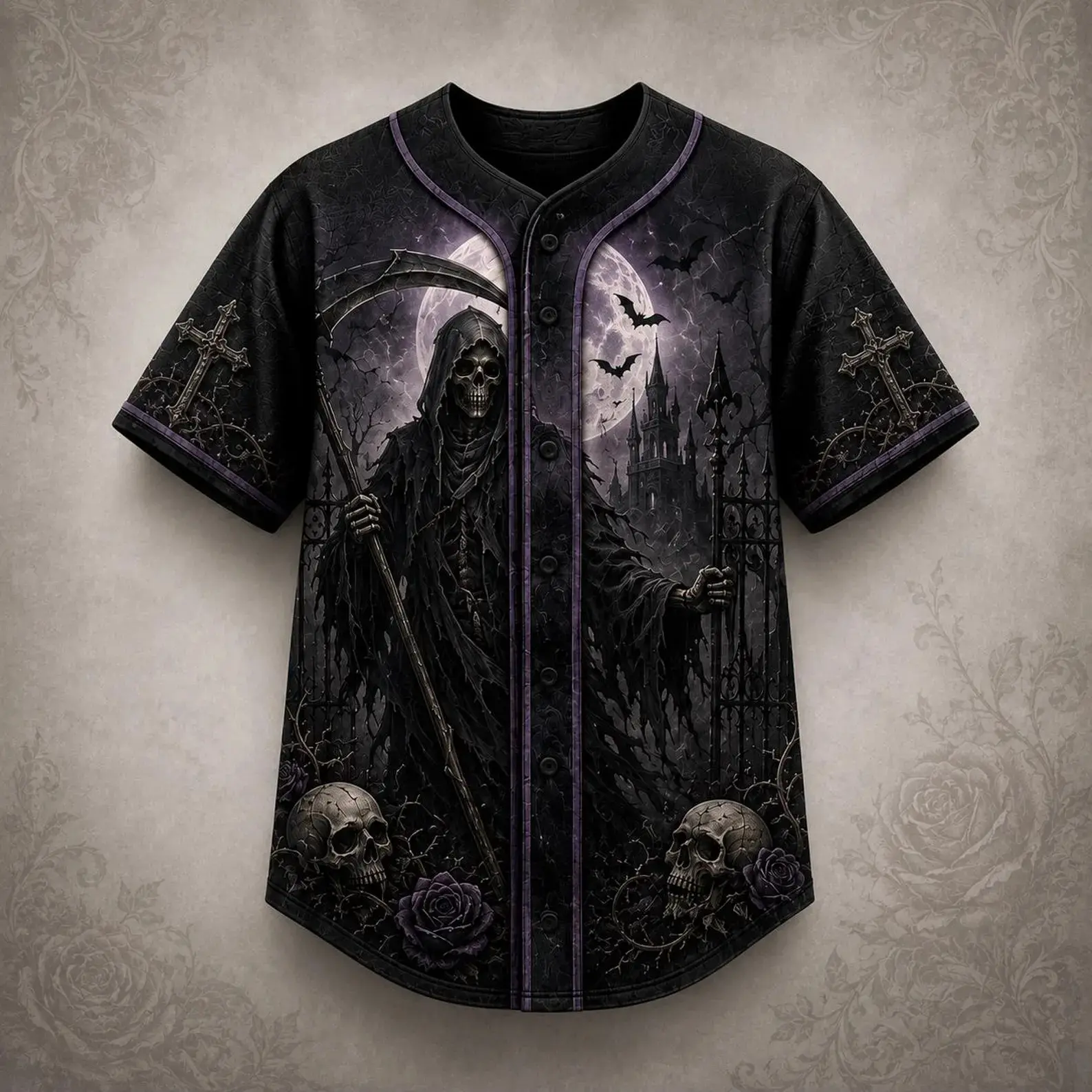 Male Short-Sleeve Baseball Jersey, Black Gothic Reaper Skull Castle Print, Breathable Fabric, Elastic Fit, Casual Wear for Halloween Party Streetwear, Gentle Wash Professional Sports Top