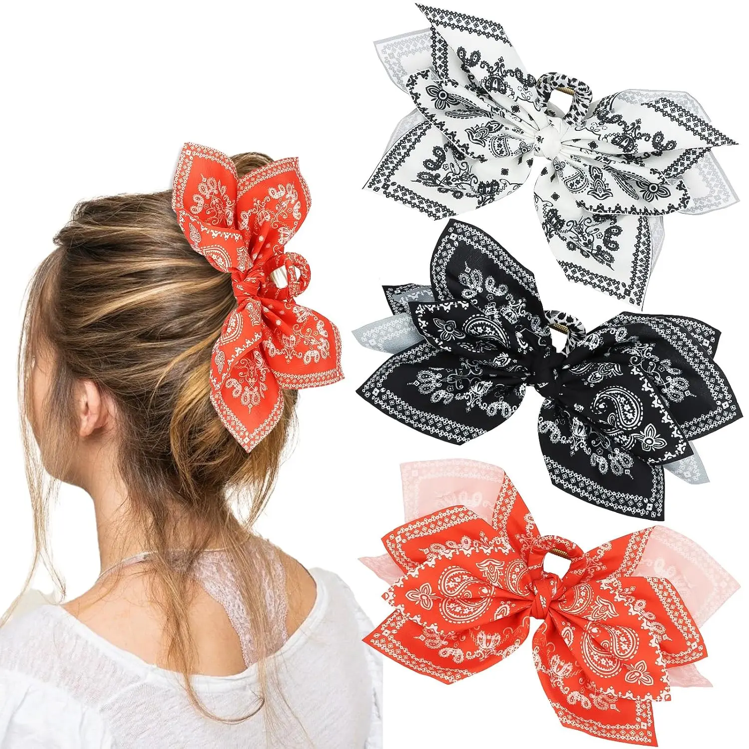 3 count Hair Bows for Women Bandana Bow Hair Clips Fabric Claw Clip Cute Paisley Boho Accessories
