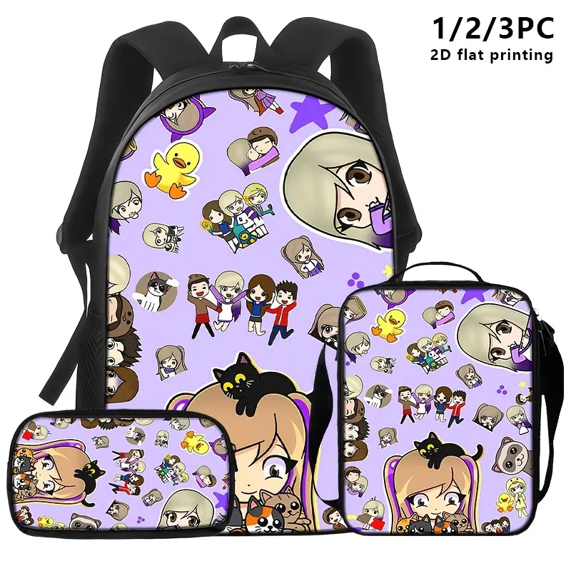 Lyna Vallejos 3-Piece Backpack Set (includes backpack, lunch bag, and pencil case). Features a cool handle pattern and a high-capacity laptop backpack; an excellent choice for school and daily commuting—a back-to-school essential.