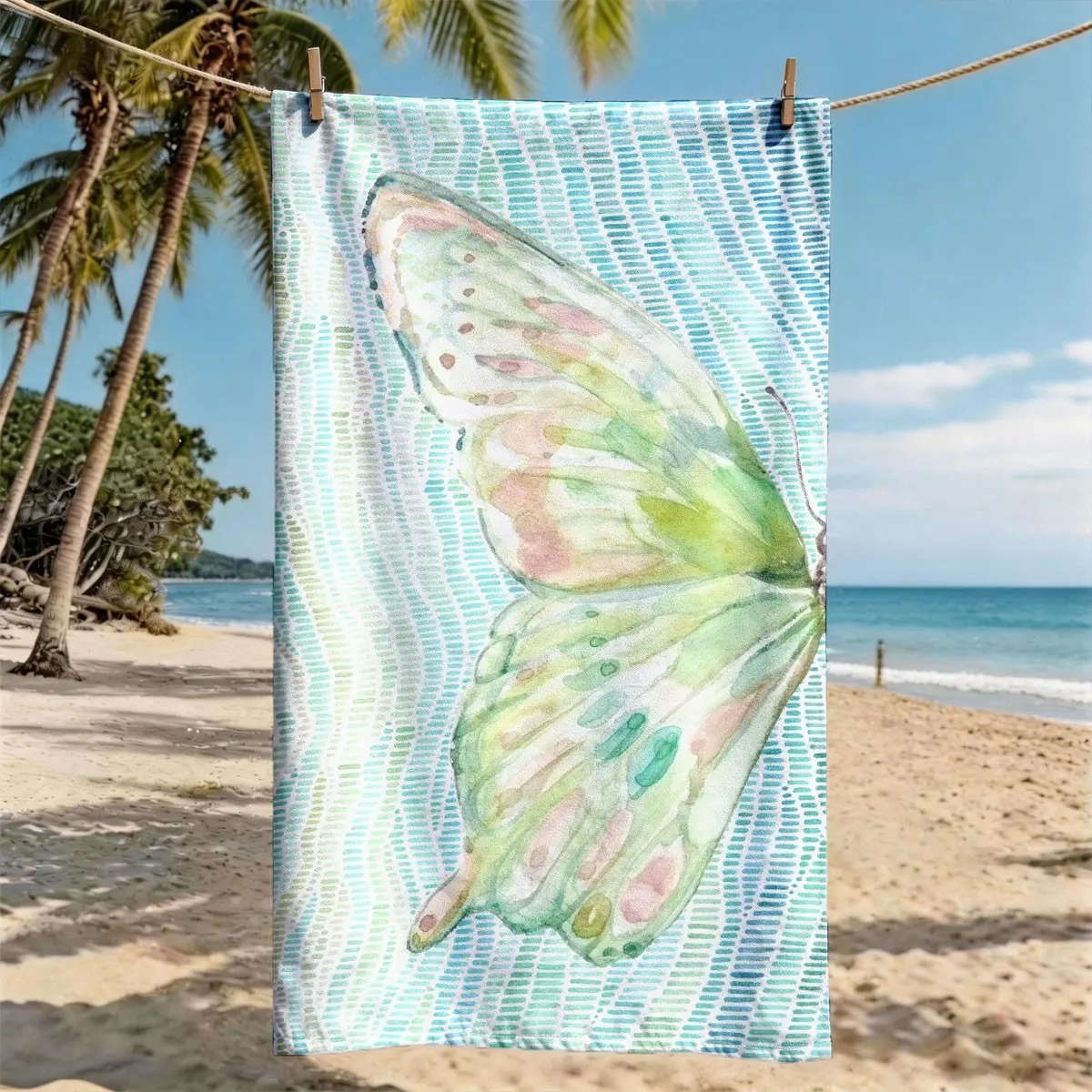 "Watercolor Green & Pink Butterfly" Theme Beach Towel, Oversized, Quick Dry & Ultra-Soft Polyester, Ideal for Travel, Swimming, Camping, Fitness and Beach Vacations, Machine Washable, 2D Flat, The Perfect Gift for Friends and Family.
