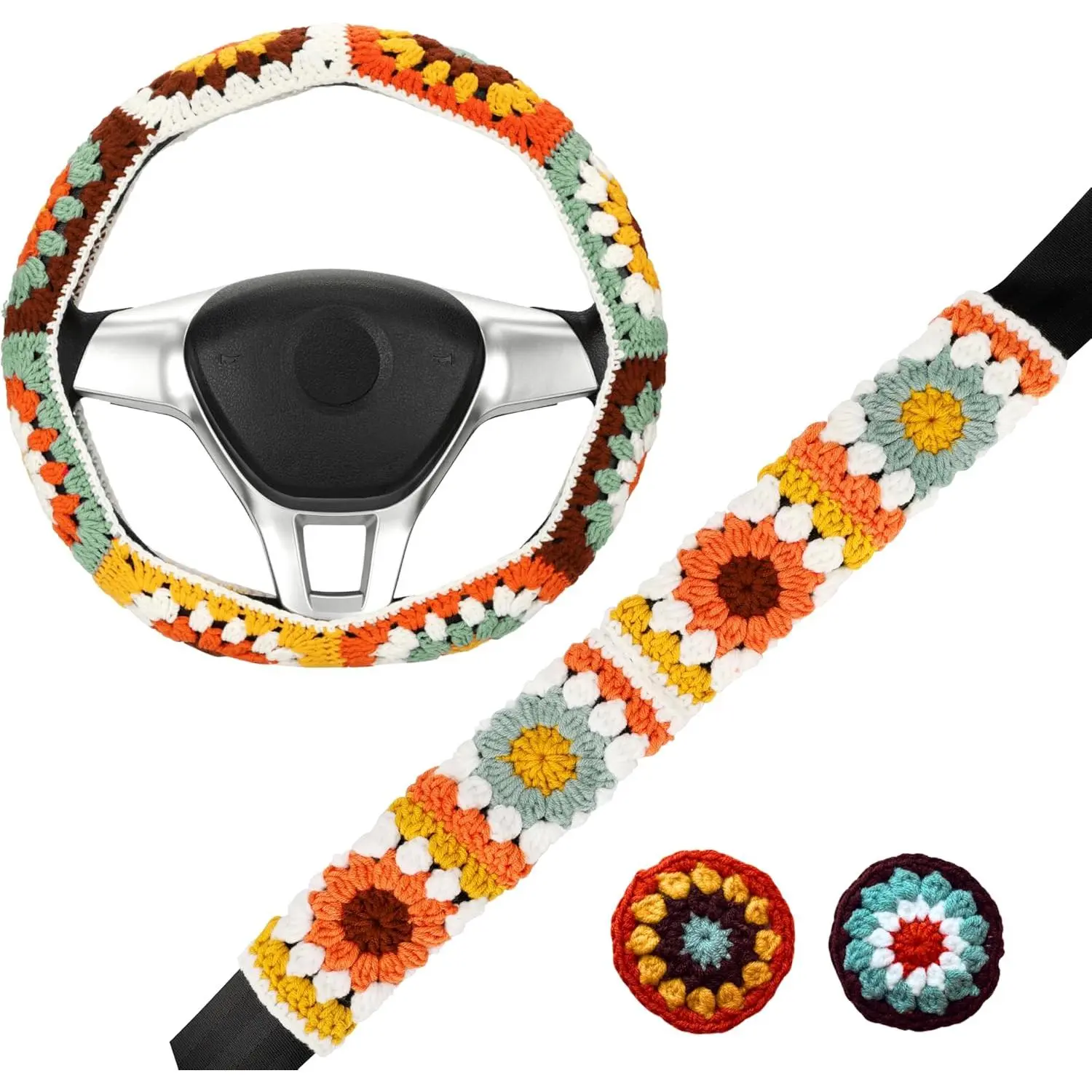 Crochet Steering Wheel Cover Set,Cute Steering Wheel Cover Boho 14-15 in,Handmade Sunflower Granny Square Decor for Women,Hippie Car Accessories (Wheel Cover Set)