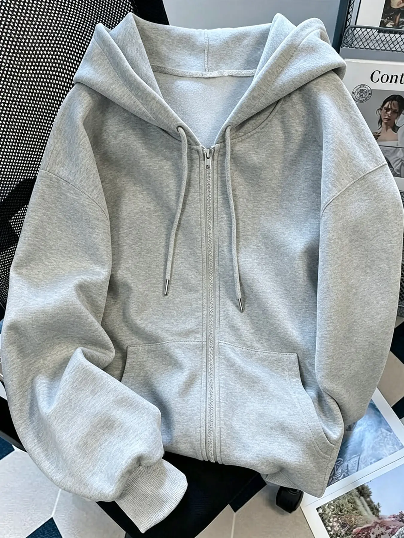 Women's Classic Solid Color Zipper Hoodie, Loose-Fit Comfortable Sweatshirt, Ideal for Campus, Home, Outdoor, Fall & Winter