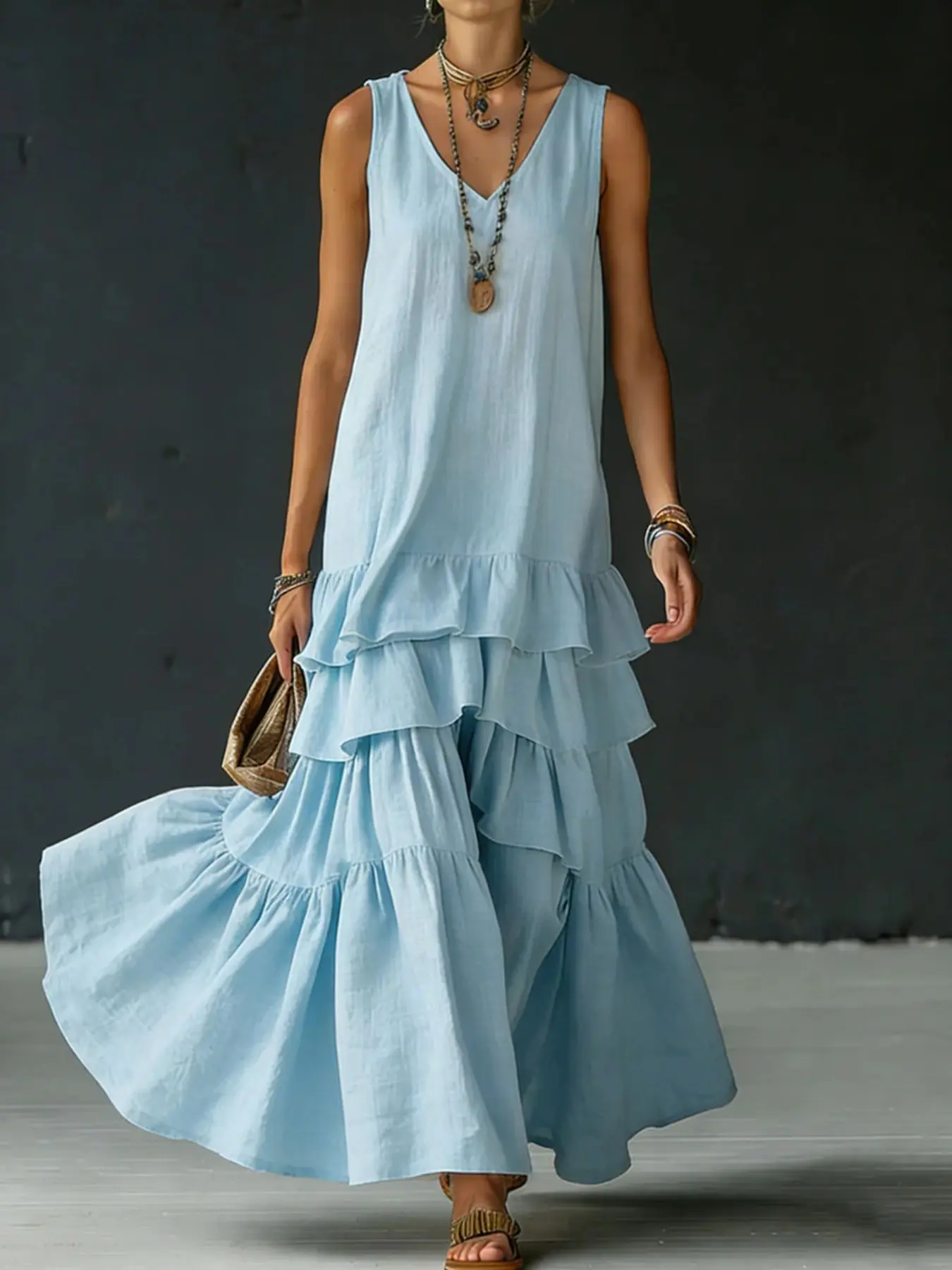 Women’s Boho Maxi Dress, Sleeveless V Neck Tiered Ruffle Dress, Flowy Lightweight Beach Vacation for Summer, Bohemian Style Dress, Stylish and Comfortable