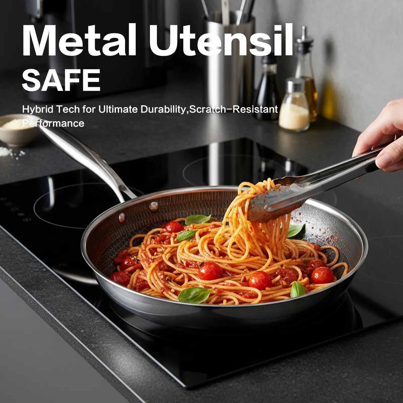 Hybrid Nonstick  Honeycomb Flat Bottom Frying Pan, Cookware, Compatible with Induction Cooktops, Suitable for All Stoves, Essential Kitchen Tool, Stainless Steel Pans Small Kitchens & Apartments  Easy to Clean, Low-Oil, Dishwasher-Safe Flat Skillet