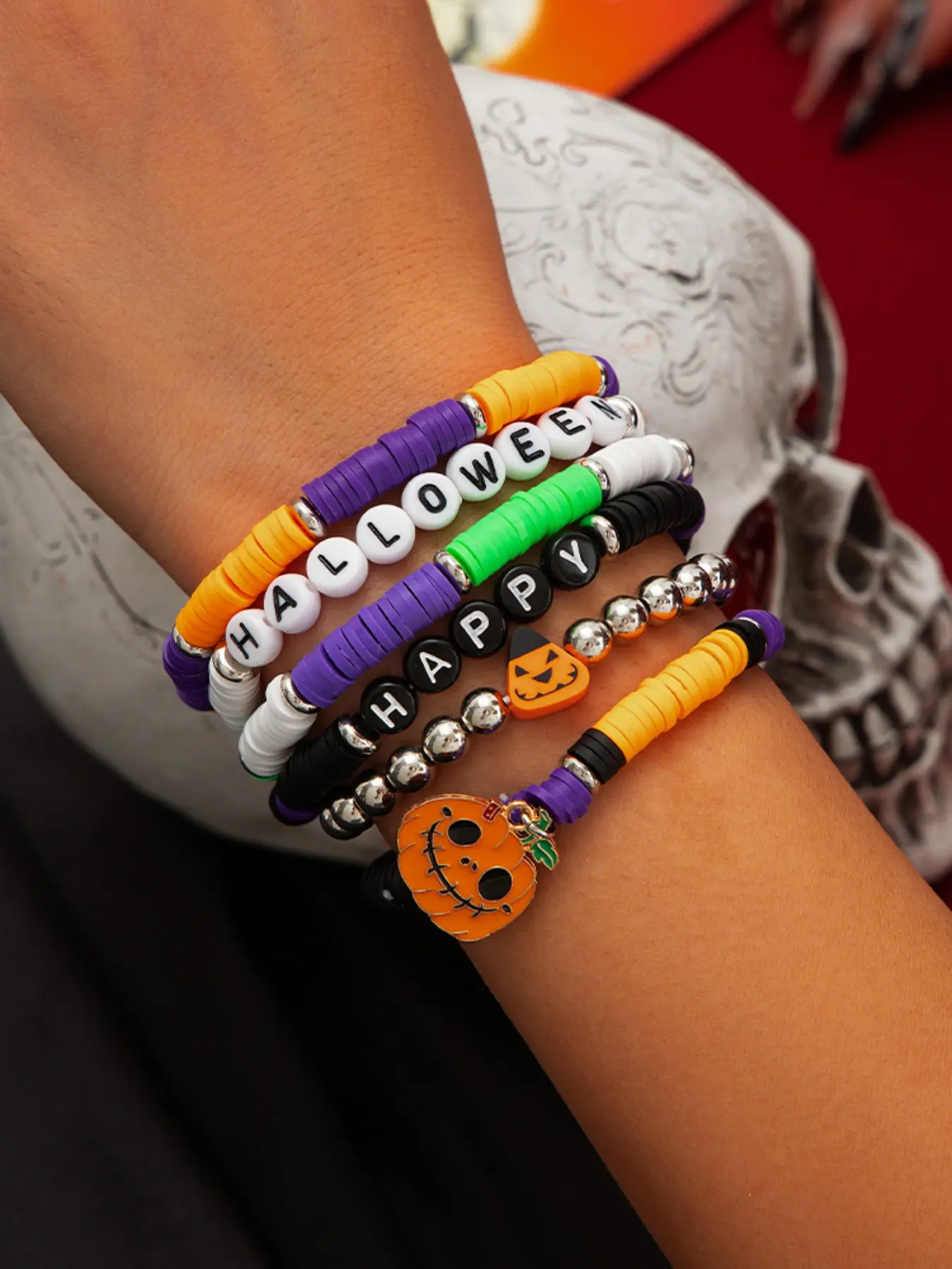 6 Pcs Halloween Stretch Bracelet Set, Multicolor Clay Beads, Pumpkin Pendant, Happy Halloween Letters, Party Jewelry, Gift for Teens