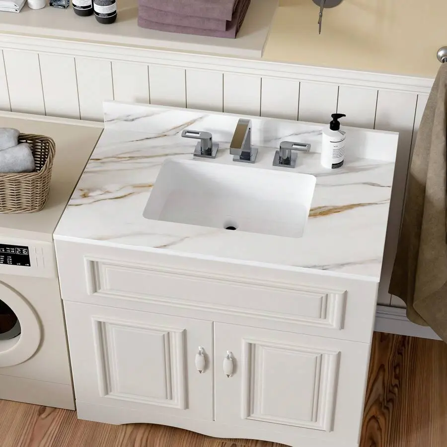 37" Bathroom Vanity Top With Ceramic Undermount Sink & Backsplash,Carrara White Sintered Stone Counter Top, 3 Holes Vanity Sink Top (Cabinet Not Included)