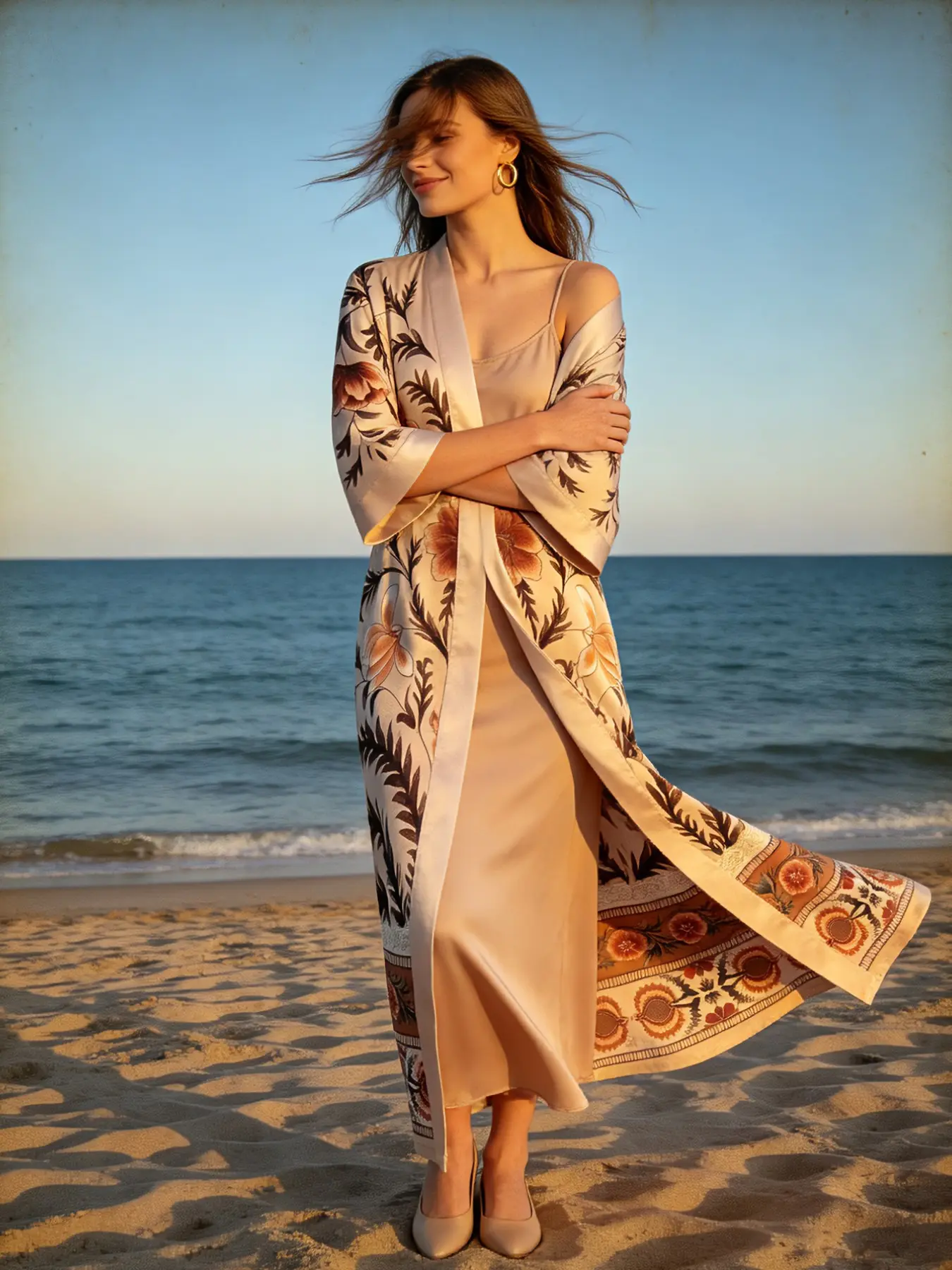 Bohemian Retro Exotic Botanical Flower Print Satin Kimono Long Cardigan with Loose Fit for All Seasons, Ethnic Style, Flowy and Slimming Beach Cover-Up, Beachwear Cover Up