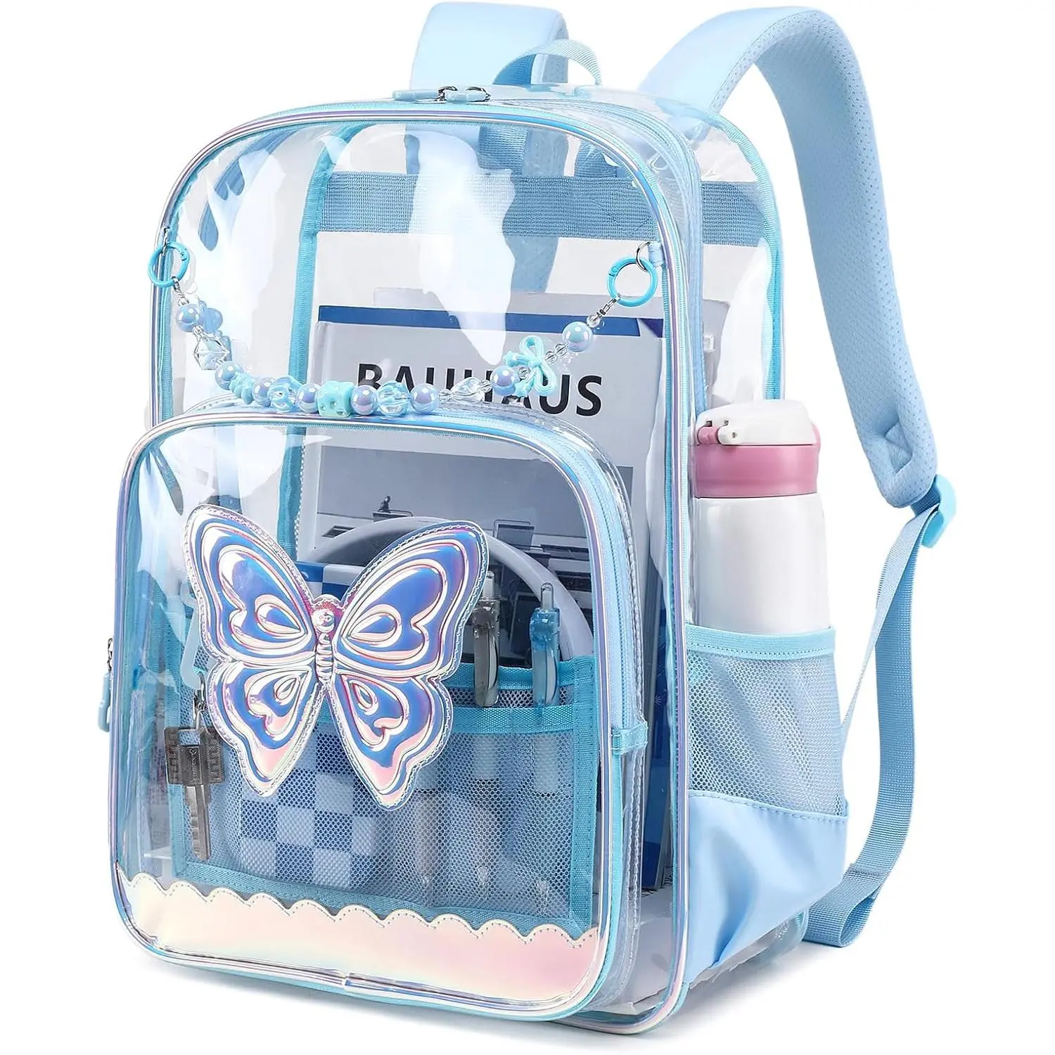 Clear Backpack for School, Clear Bookbag for Girls PVC Heavy Duty Transparent Backpack, Blue Butterfly