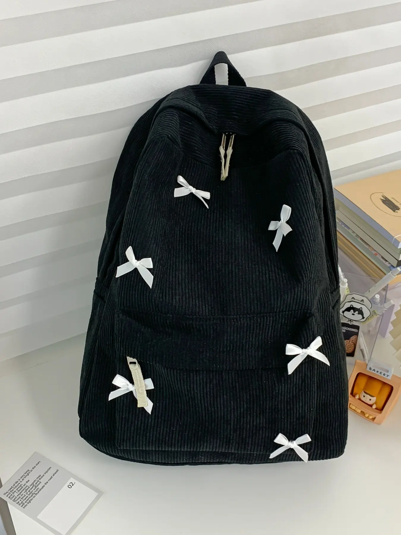 Corduroy Vertical Stripe Backpack for Women - Lightweight Casual Daypack, Large Capacity with 3D Bow Decoration, Fashion College Student Commuter Travel Bag