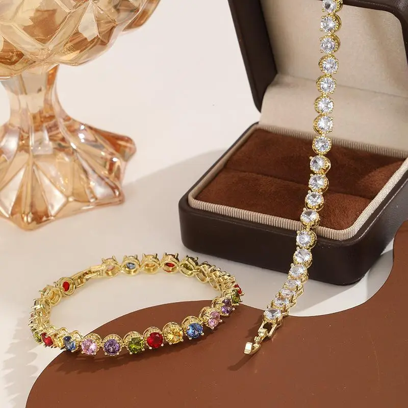 Gold Plated Tennis Bracelet for Women, Iced-Out Rainbow Cubic Zirconia, Trendy Stackable and Tarnish-Free Jewelry, Stacked Bracelets, Exquisite Trendy Bracelet