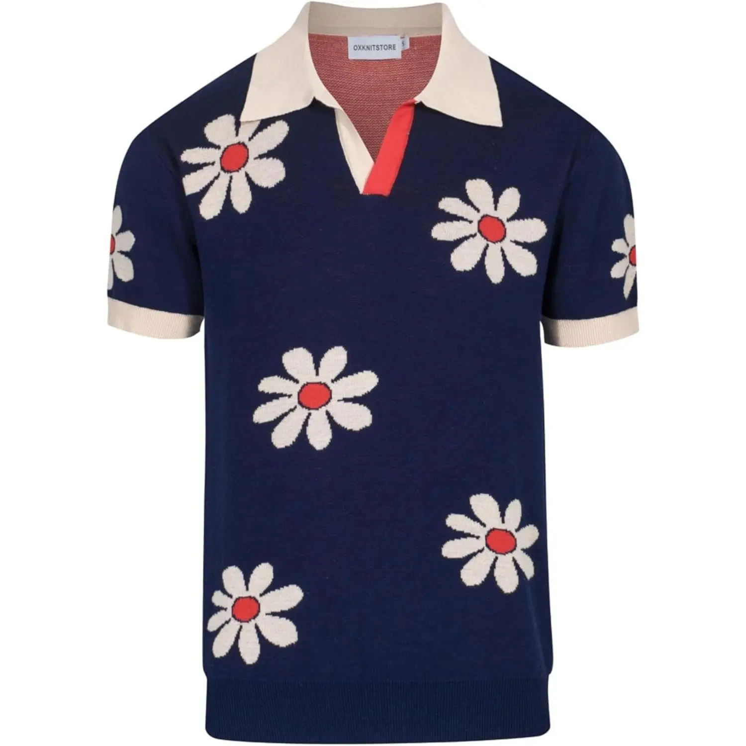 OXKNIT Men's Polo Shirts Retro Knitted V Neck Short Sleeve Navy Summer Shirt with Flower Design