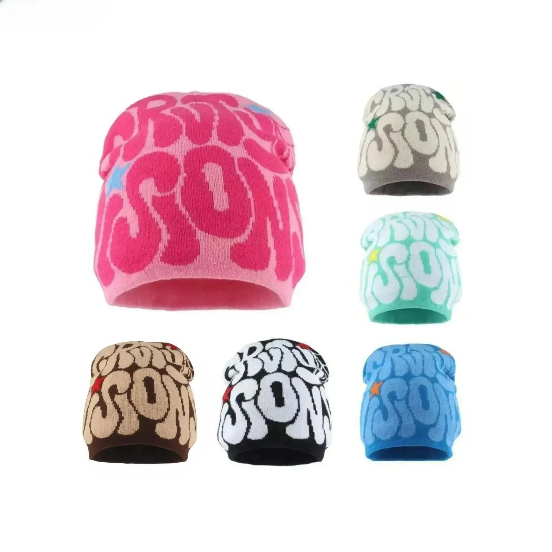Harajuku Oversized Knit Beanie Hat, Unisex Patterned Slouchy Skull Cap, Soft Warm Streetwear Winter Hat for Men & Women