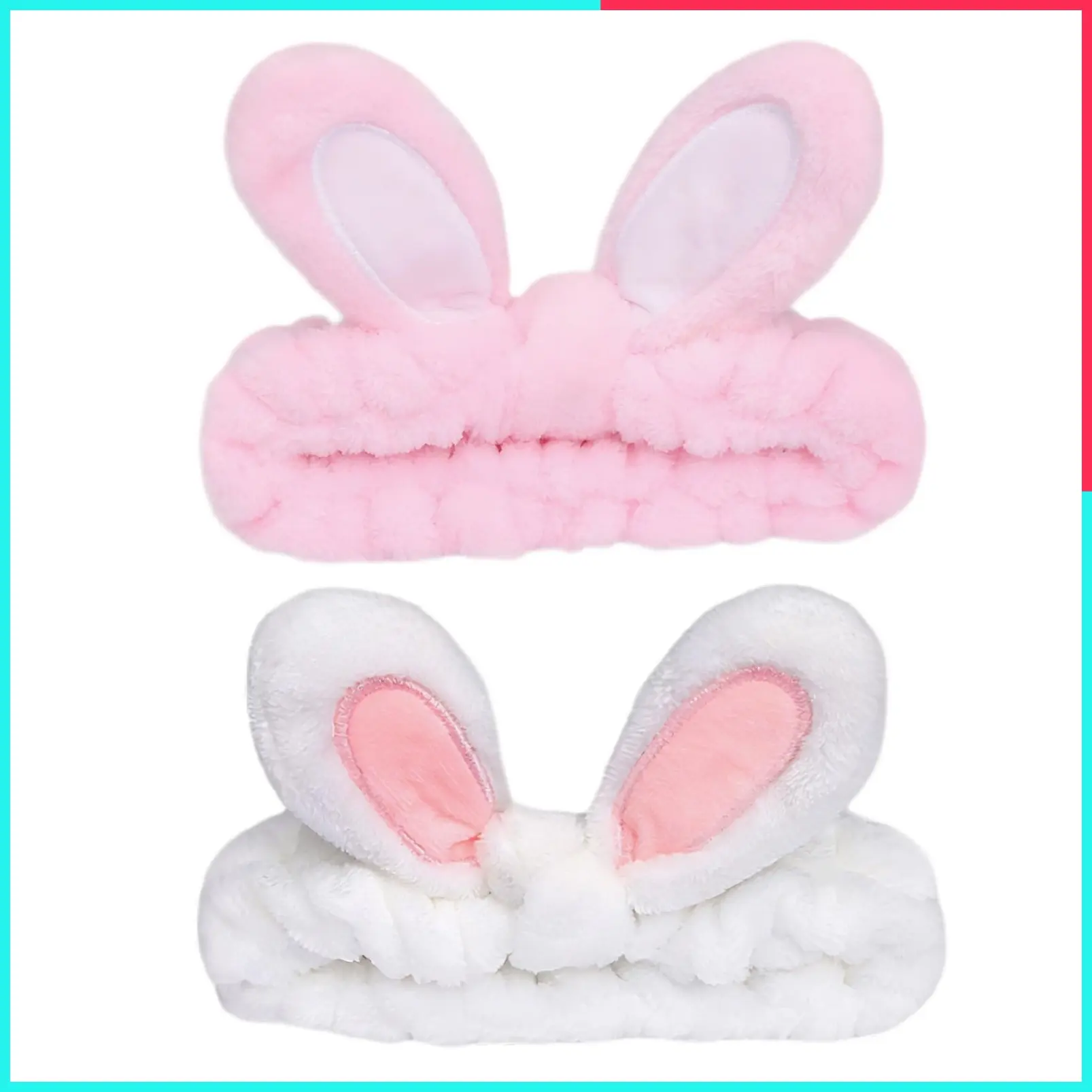 2 Pcs Bunny Ears Headband Set Cute Soft Coral Fleece Spa Headbands for Washing Face Skincare Makeup Hair Accessories for Women Girls Pink and White