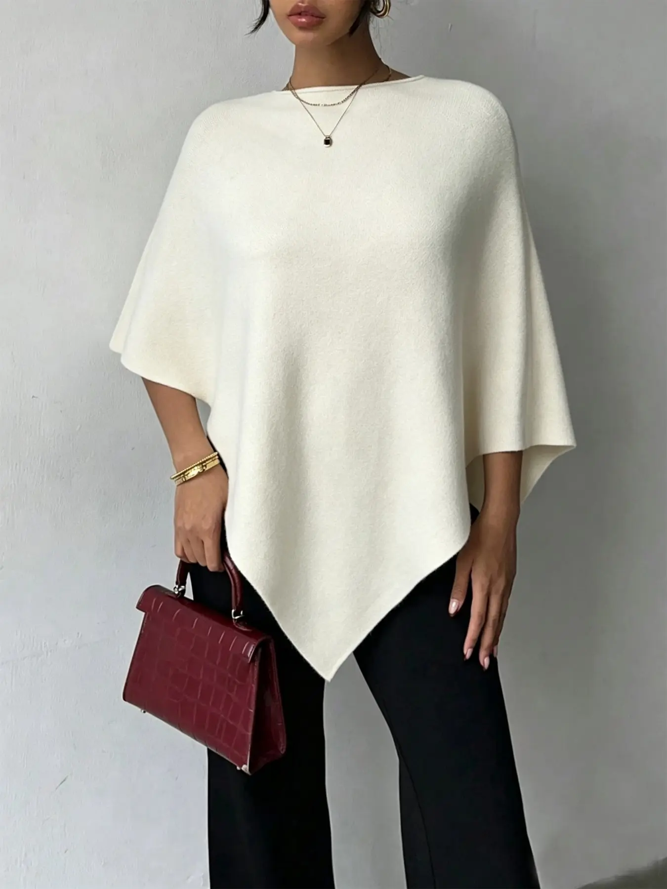 Women's Plus Size Minimalist High-End Boat Neck Knit Cape Poncho, Casual Asymmetrical Half Sleeve Long Beanie, Versatile Commute Outerwear