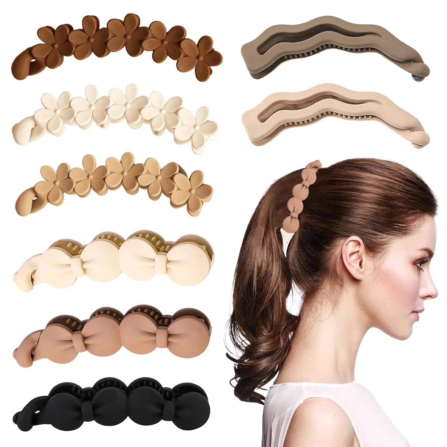 8 Pcs Bow Banana Clips Flower Banana Hair Clip Wavy Shape Large Claw Clips Matte Strong Hold Ponytail Holder Barrettes Styling Accessories for Women Girls Thick Thin Hair