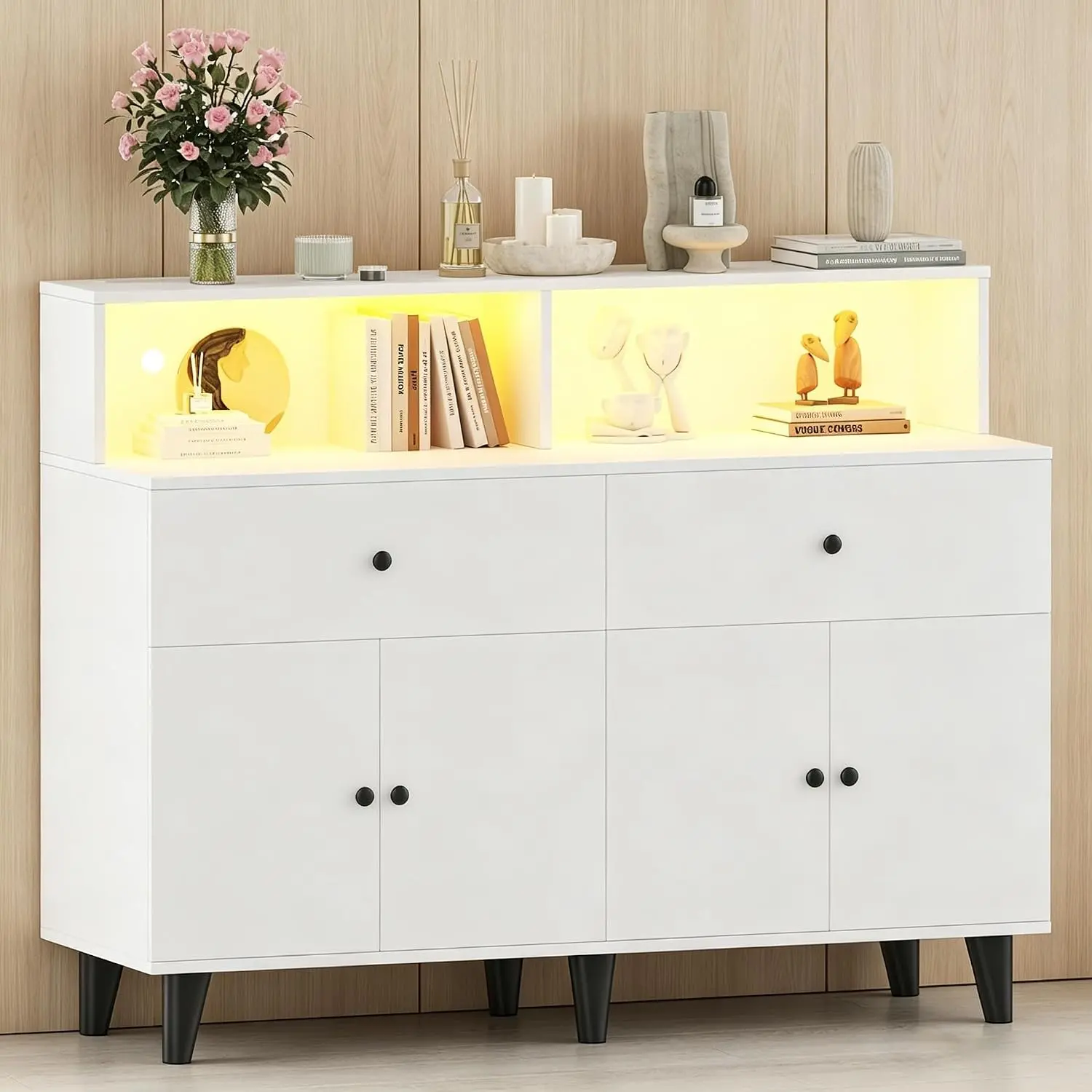 47.2" Coffee Bar Cabinet, Farmhouse Buffet Cabinet with Storage, Wood Kitchen Storage Cabinet, Freestanding Sideboard Buffet Cabinet with Power Outlets & LED Light, Floor Storage Cabinet for Living Ro