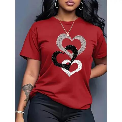 Women's Breathable Cotton Sporty Chic Tee - Round Neck, Short Sleeve, Heart Print, Workout Top, Sportswear Clothing, Running T Shirt, Lightweight Breathable Activewear, Summer Outdoor Everyday Wear