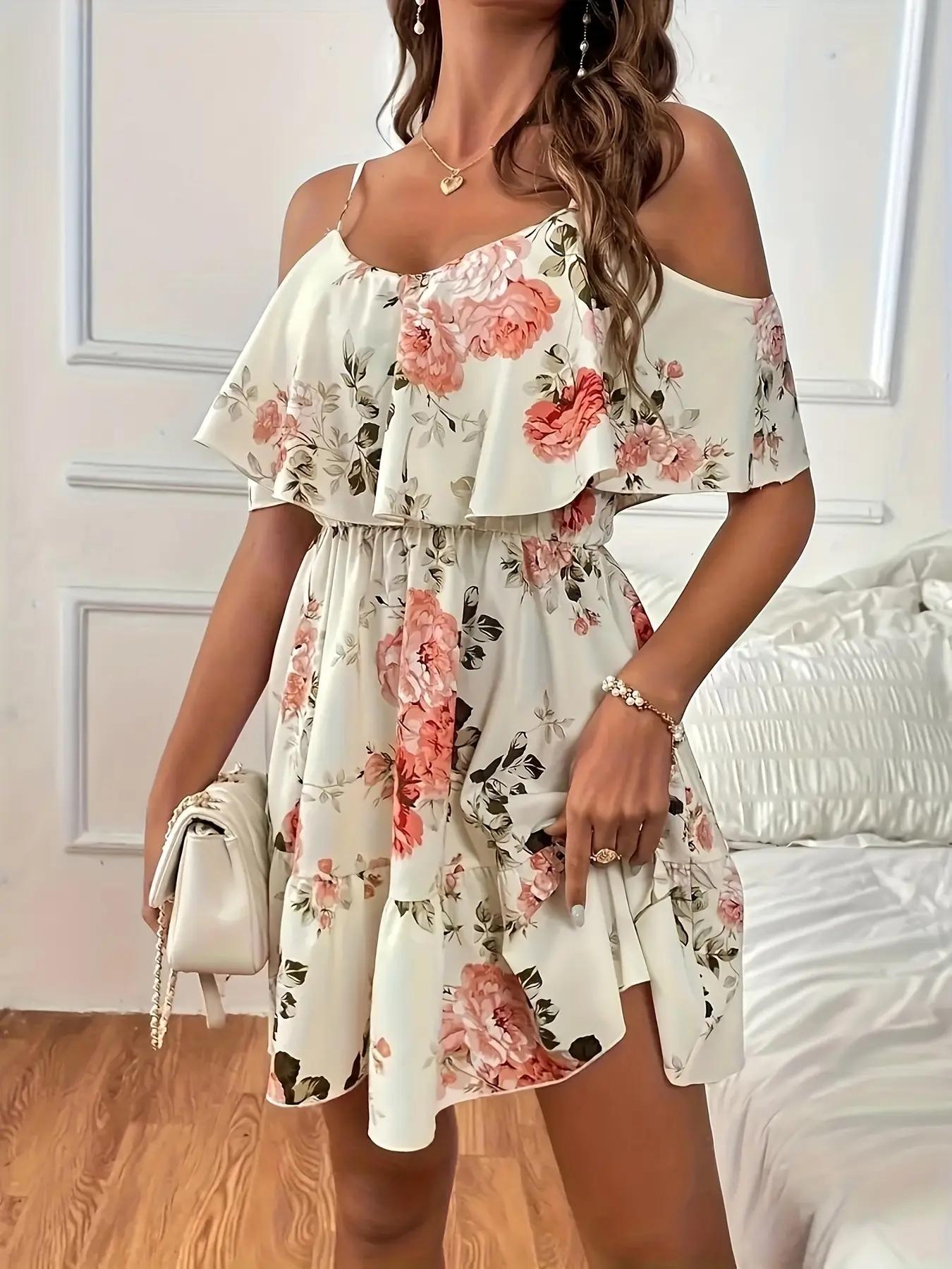 Women's Ditsy Floral Print Ruffle Trim A-Line Dress, Chic Casual Bohemian Short Dress with Butterfly Sleeves and Adjustable Straps for Daily and Vacation Wear, Ladies Summer Dress