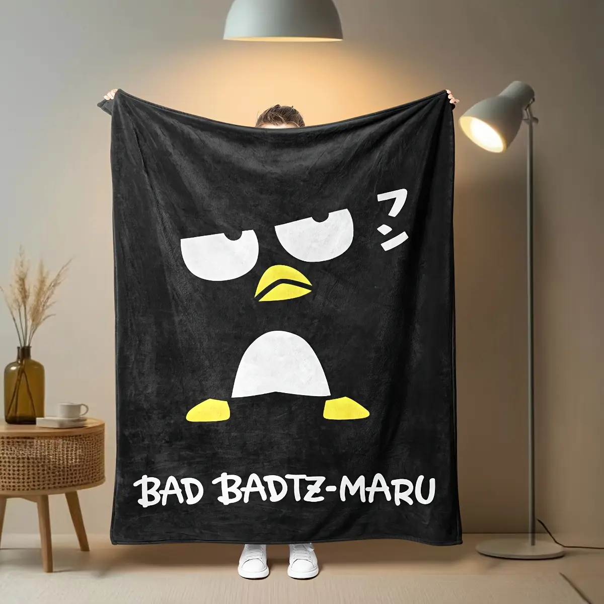 Sanrio Bad Badtz-Maru Large Face Graphic Black Background Flannel Throw Blanket Kawaii Cartoon Warm Blanket Gift Fans All Ages
