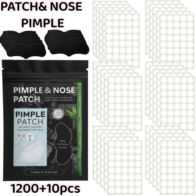Extra-Large 1210Pcs Pimple Patch and Nose Strip Set, Acne Care Duo, Clear Hydrocolloid Facial Blemish Stickers with Black Nose Strips, Thin and Secure-Fit Care Pack for Music Festivals, Proms, Holiday Gatherings, Makeup Prep and Daily Use