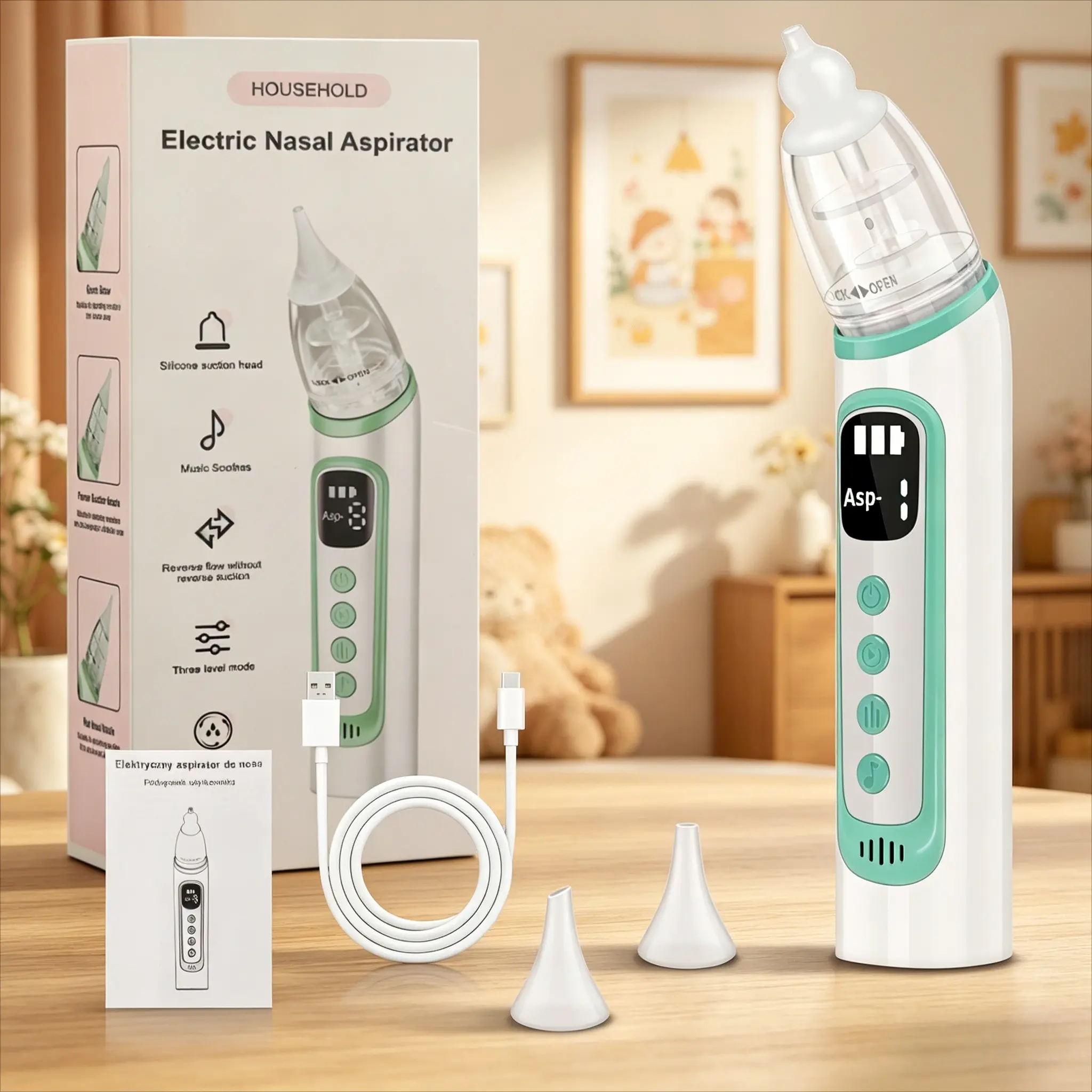 Portable Nasal Suction Device, Aspirator, Nose Congestion Relief, Music Soothing Feature, 3-Stage Suction, Adjustable, Anti-Reflux Design, Rechargeable, Detachable Silicone Tip