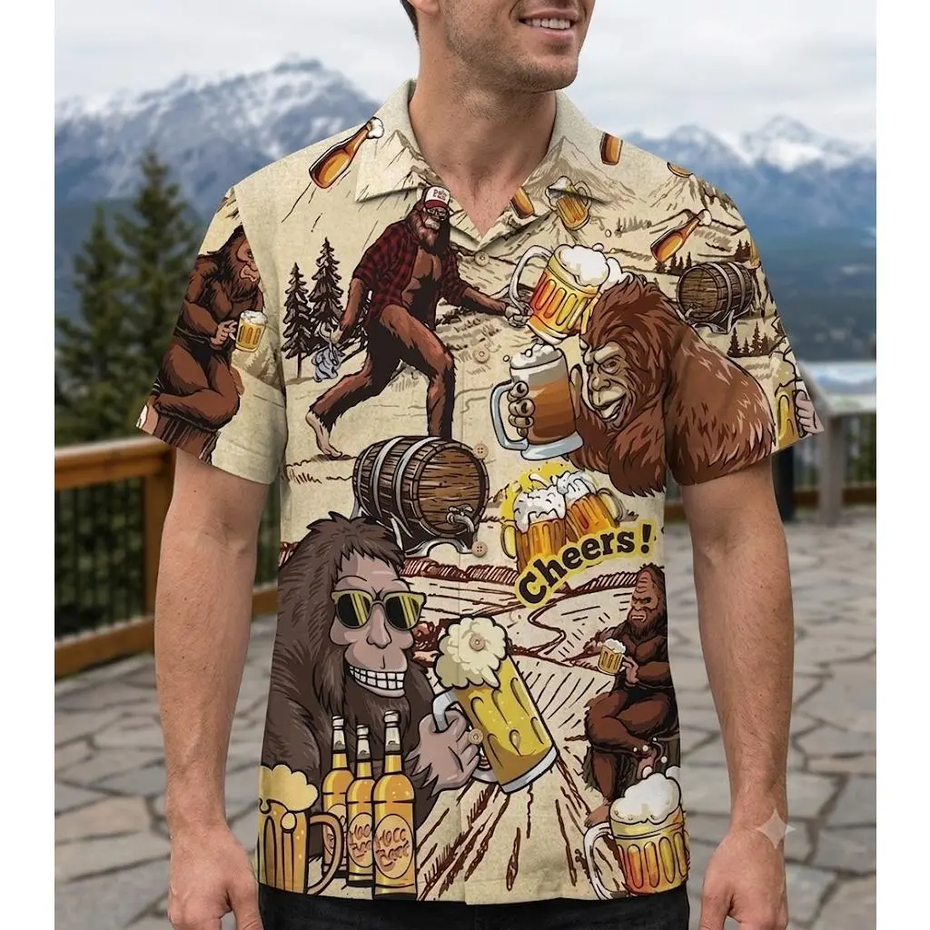 Men Bigfoot Beer Cheers Hawaiian Shirt, Funny Sasquatch Mountain Forest Graphic Short Sleeve Button‑Up Camp Collar Shirt for Party Vacation