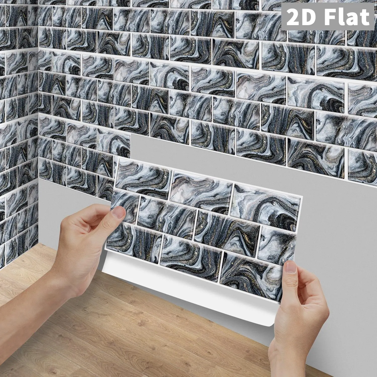 6/12/24/48Pcs FG Black Gold Vein Marble Peel and Stick Backsplash Tiles, Waterproof Self-Adhesive PVC Crystal Decorative Wall Stickers for Kitchen Bathroom DIY Decor Wall Decals