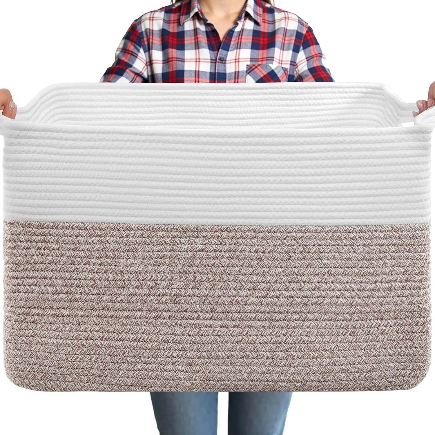 75L Large Blanket Storage Basket with Handles - White & Brown |   Extra-large clothes storage bin. Soft cotton, foldable, washable. Holds blankets, pillows for living room, bedroom, dorm.