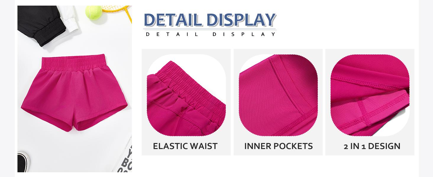 Girls Athletic Shorts High Waist Elastic 2 in 1 Running Shorts with Side Pockets 5-14 Years