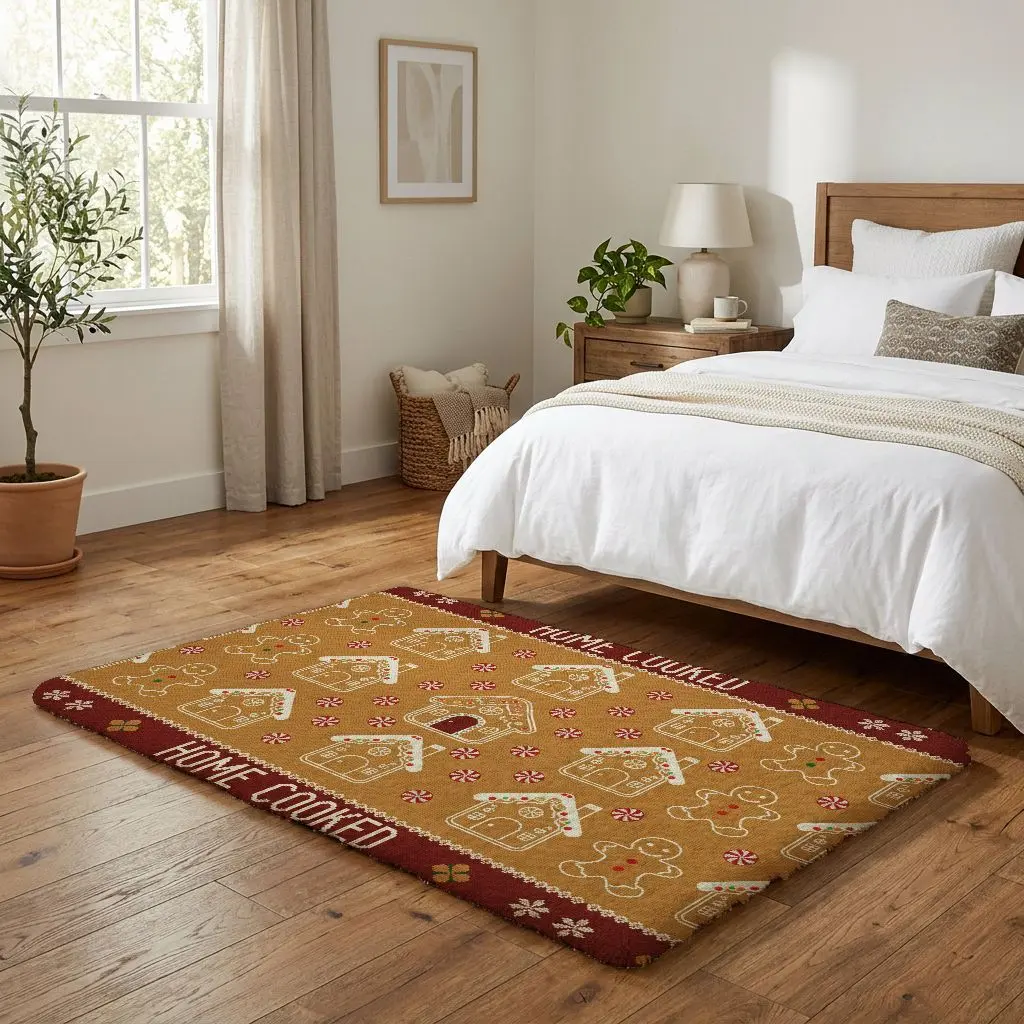 Festive Gingerbread House-Cookie Geometric Print Area Rug with "Home Cooked" Text, Polyester Fiber Stain-Resistant Home Décor Gift for Family