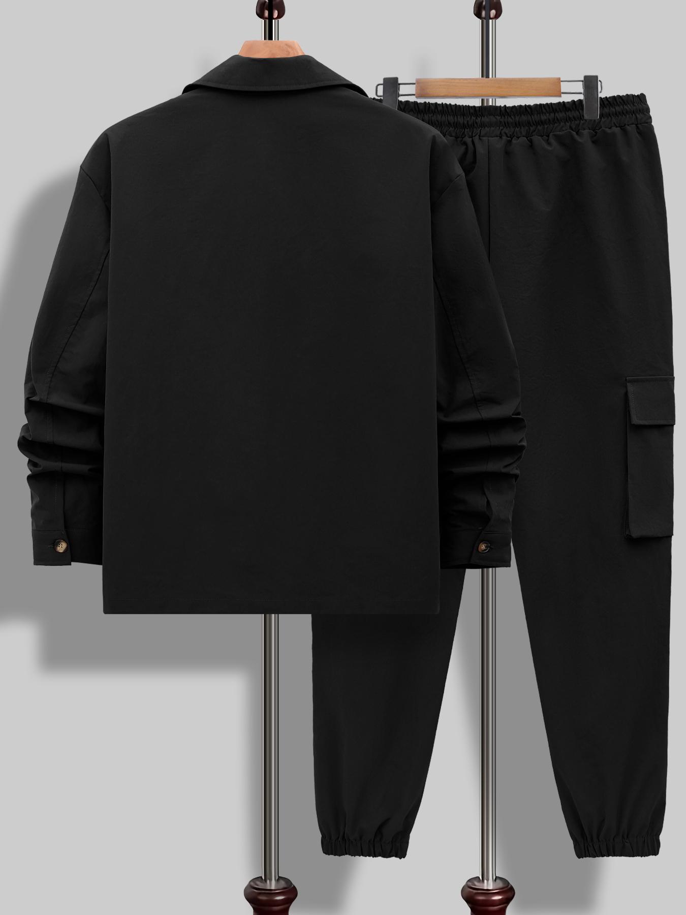 Men's Solid Color Pocket Button Front Shirt & Pants Two-Piece Set, Casual Lounge Set, Casual Long Sleeve Collar Top & Trousers Set, Men's Spring & Fall Clothes