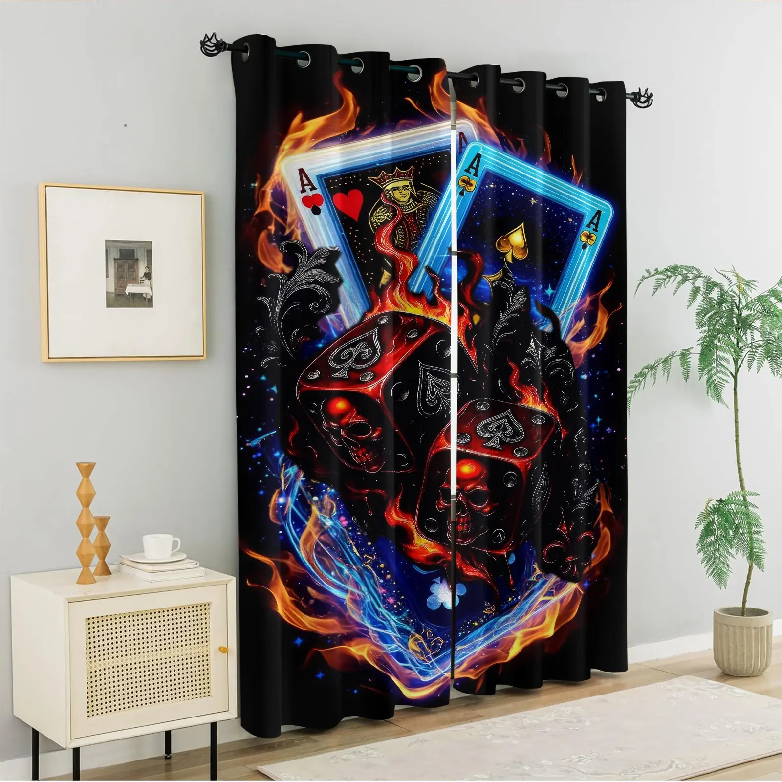 Flame Dice Playing Cards Print Curtains, Game Theme Window Curtains, Gothic Dark Drapes, 2 Pack, Light Blocking, for Man Cave, Living Room, Bedroom, Gaming Room, Perfect Home Decor Window Coverings