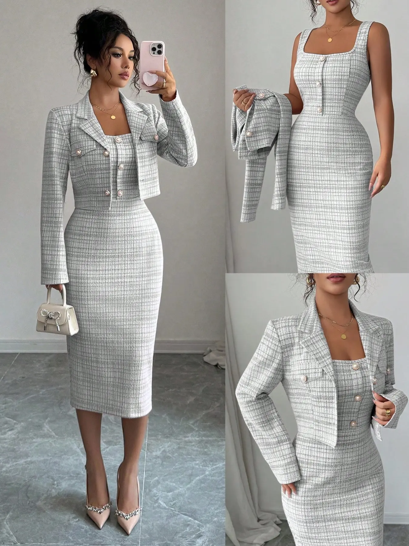 French Chic Plaid, Spring Fall New Arrival, Elegant Noble Tweed Short Suit Jacket + Sleeveless Vest, Slim Fit Bodycon Dress Suite, Two Piece Outfit