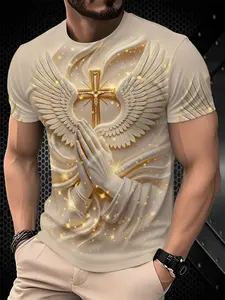 New Men's Angel Wings Cross Graphic Print Compression T-Shirt, Casual Slim-Fit Short Sleeve, All-Over Print, Summer Outdoor Fashion Top