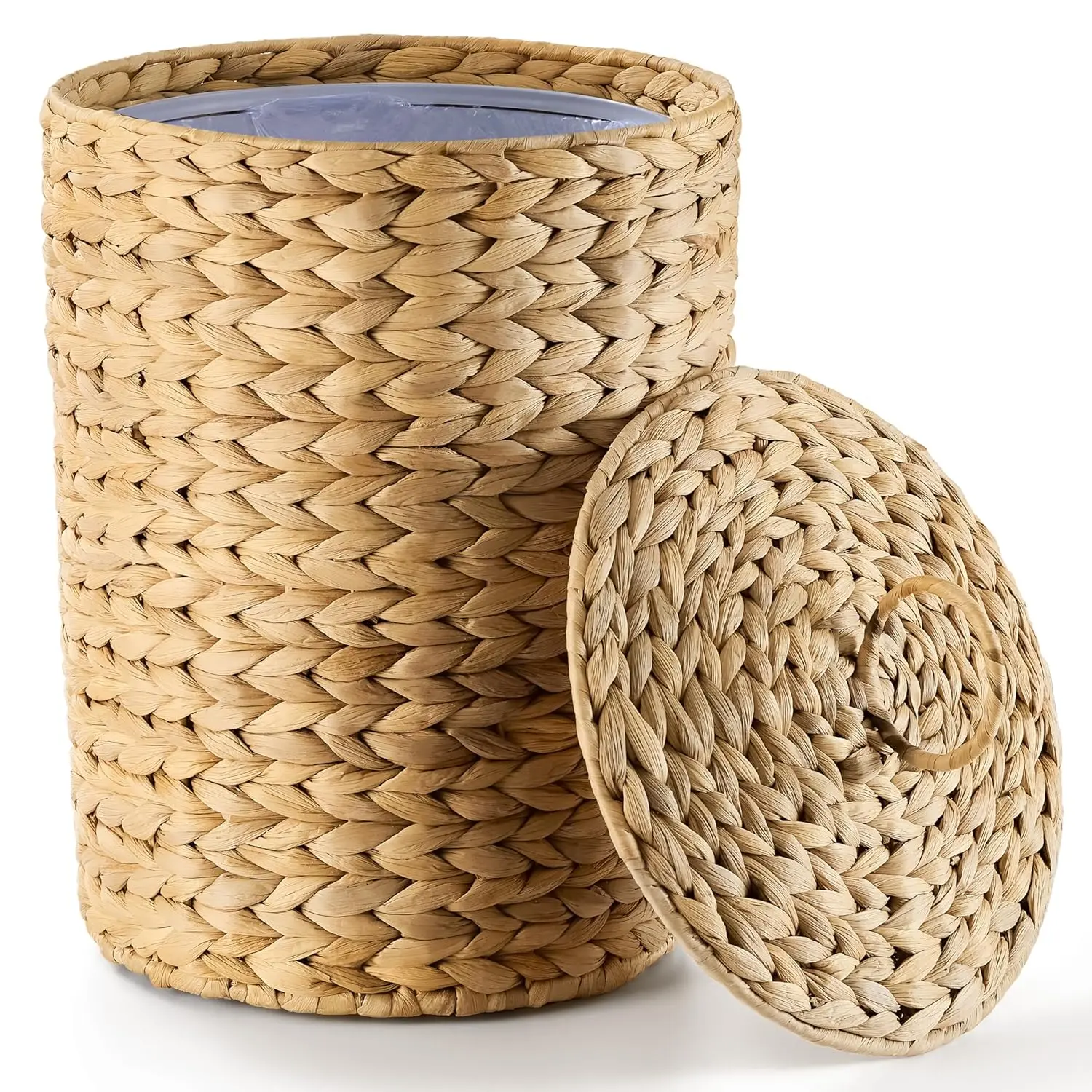 3 Gallons Wicker Bathroom Trash Can with Lid, Handwoven Rattan Wastebasket with Removable Plastic Inner Bin, Decorative Waste Basket for Bedroom, Office, or Kitchen