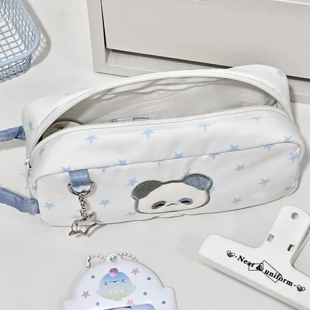 Star Print Embroidery Animal Pencil Case, Soft Fabric Lightweight Large Capacity Pen Pouch , Bunny & Panda Design Stationery Bag For Students, Portable Back To School Supplies To Store Pens Erasers And Small Learning Accessories
