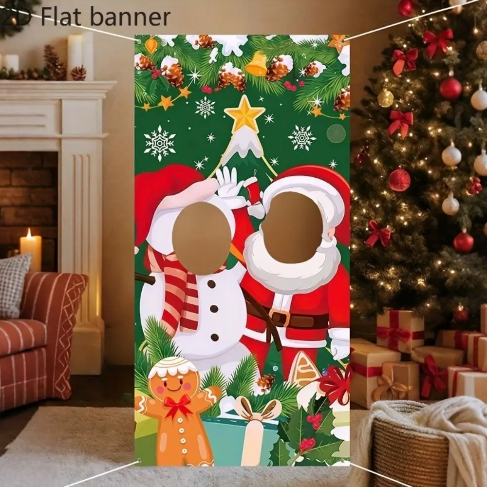 1PC 2D Flat Christmas Santa Snowman Face Cutout Photo Booth Backdrop, Gingerbread Man Pinecone Snowflake Selfie Frame Background, Polyester Fabric, For Christmas Party, Family Photo, Store Event Decor, Indoor and Outdoor Photography Use