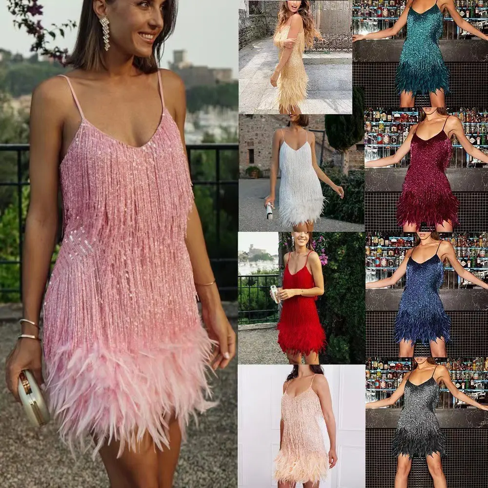 tassel sequin multi-color birthday party sexy V-neck strap feather patchwork dress