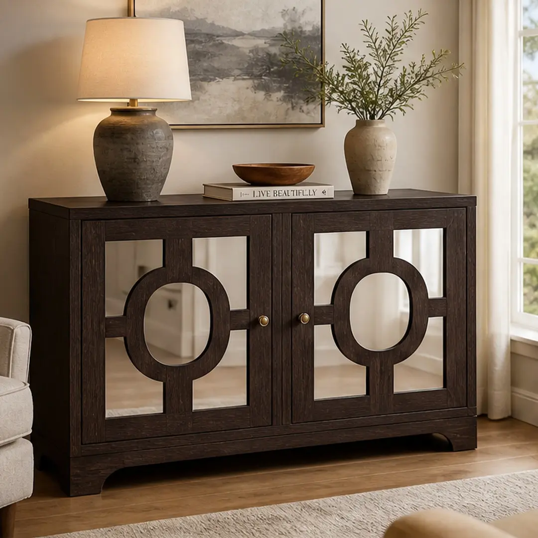 ARCH Durable Double Mirror Door MDF Laminated Sideboard - 2 Acrylic Mirror Doors, Adjustable Shelf, 3D Wood Grain, Butterfly Motif, Carved Detail, Anti-Tipping Storage, 15.55" W X 34.37" D X 34.06" H, 59.70 lb, Assembly Required, for Living/Dining Room